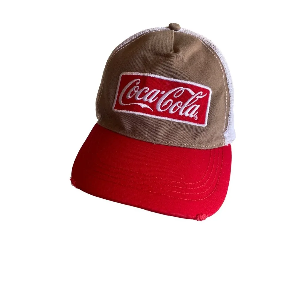Coca Cola Khaki Red Distressed Meshback Hat Cap‎ Adjustable